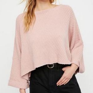 Free People I Can’t Wait Oversized Cropped Pink Knit Ribbed Long Sleeve Sweater